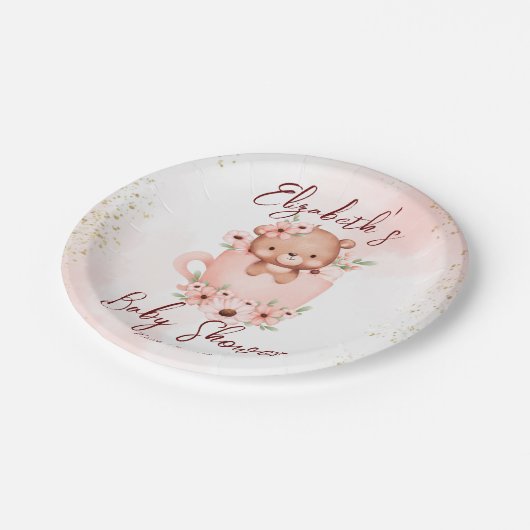 紅茶パーティー赤ちゃんシャワーピンクのテディはカップカスタムに ペーパープレート (アングル)