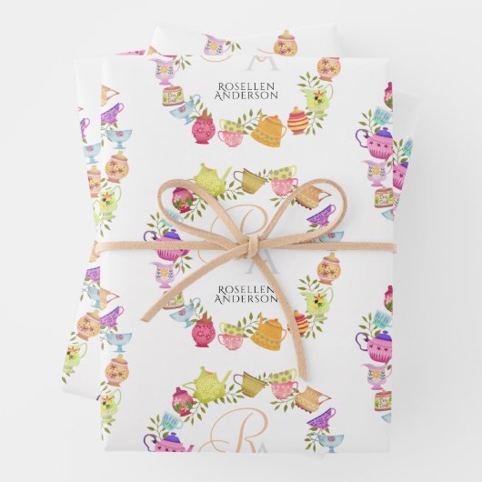 紅茶ポットとカップモノグラム ラッピングペーパーシート (インサイチュ)