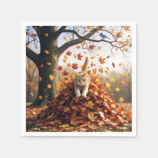 紅茶色の猫が落ち葉の山から飛び出す スタンダードカクテルナプキン (正面)