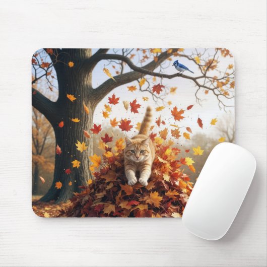 紅茶色の猫が落ち葉の山から飛び出す マウスパッド (マウス)