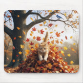 紅茶色の猫が落ち葉の山から飛び出す マウスパッド (正面)