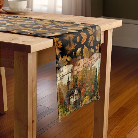 紅葉かわいらし水彩秋コテージ樹 ショートテーブルランナー