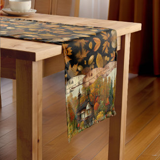 紅葉かわいらし水彩秋コテージ樹 ショートテーブルランナー