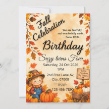 紅葉した秋の誕生日パーティーの招待状 | 居心地の良いカボチャ
