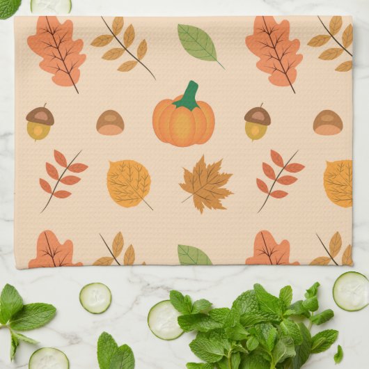 紅葉とオレンジカボチャのパターン キッチンタオル (折り畳み)