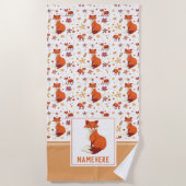 紅葉とキツネパターン名前をカスタムする ビーチタオル (正面)