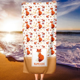 紅葉とキツネパターン名前をカスタムする ビーチタオル