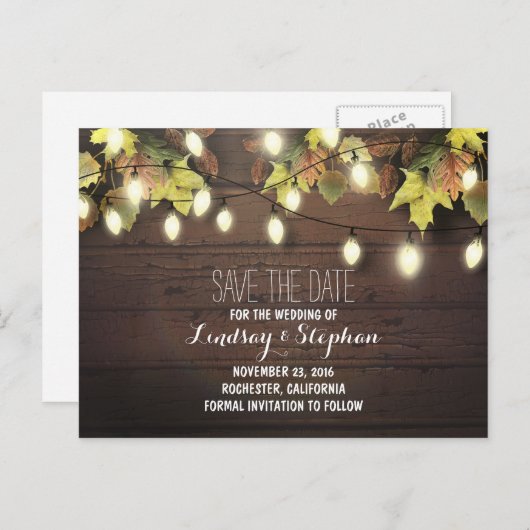 紅葉とストリングライトは日付はがきを保存 案内ポストカード (正面/裏面)