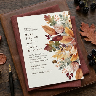 紅葉とベリーの水彩画が美しい、 rusticな秋のウェディング 招待状
