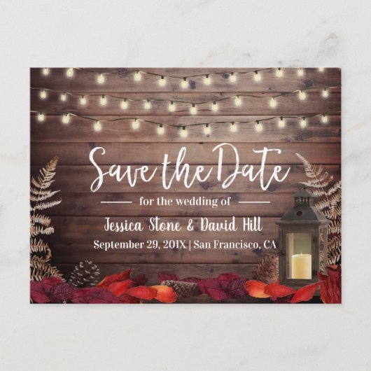 紅葉とランタン 秋の結婚式 Save the Date 案内ポストカード (正面)