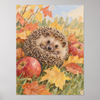 紅葉とリンゴの森に佇むハリネズミのAr ポスター