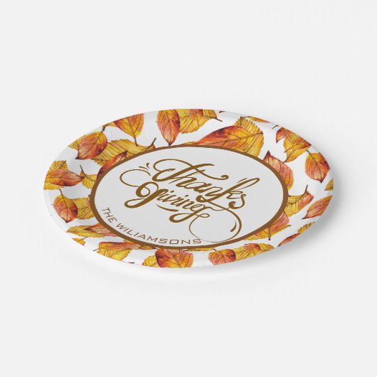 紅葉と文字デザインブラウン感謝してい与えズ ペーパープレート (アングル)