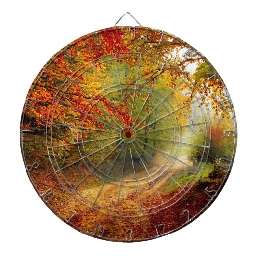 紅葉と木が未舗装道路を覆う ダーツボード (正面)