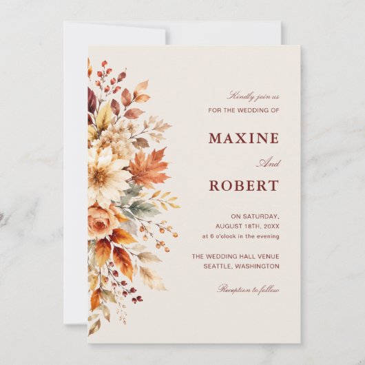 紅葉と秋の植物を描いた水彩画のウェディング 招待状 (正面)