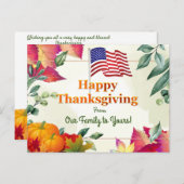 紅葉と米国国旗の家族の感謝祭 シーズンポストカード (正面/裏面)