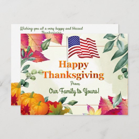 紅葉と米国国旗の家族の感謝祭 シーズンポストカード (正面/裏面)
