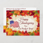 紅葉と米国国旗の家族の感謝祭 シーズンポストカード (正面/裏面)