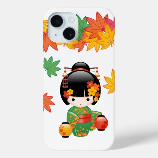 紅葉と緑の着物のこけし人形 Case-Mate iPhoneケース (裏面)