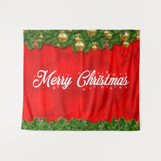 紅葉と装飾が施された赤のメリークリスマス タペストリー (正面(横))