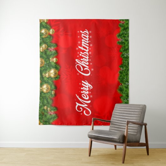 紅葉と装飾が施された赤のメリークリスマス タペストリー (インサイチュ)