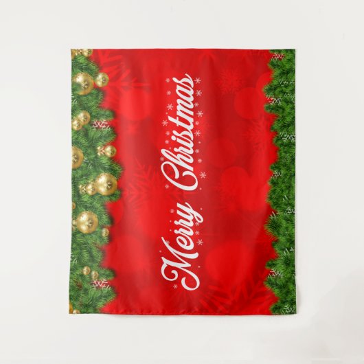 紅葉と装飾が施された赤のメリークリスマス タペストリー (正面)