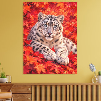 紅葉に佇むユキヒョウ – 野生動物アート キャンバスプリント