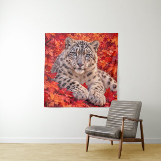 紅葉に佇むユキヒョウ – 野生動物アート タペストリー