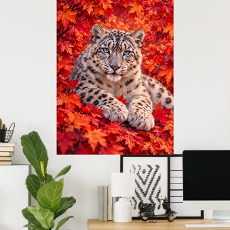 紅葉に佇むユキヒョウ – 野生動物アート ポスター