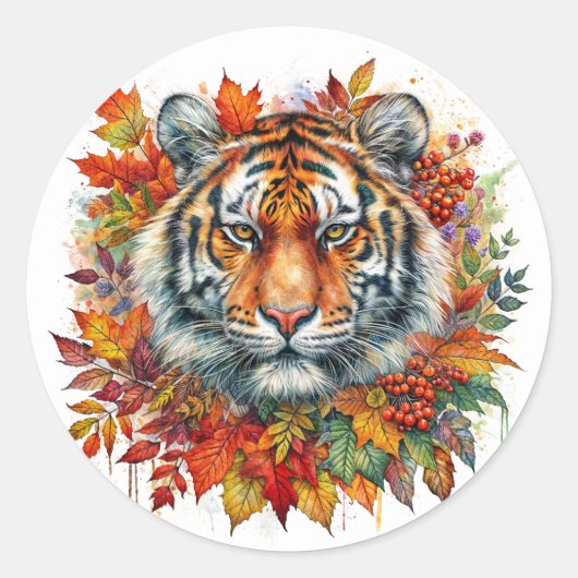 紅葉に囲まれた秋のトラの顔 ラウンドシール (正面)