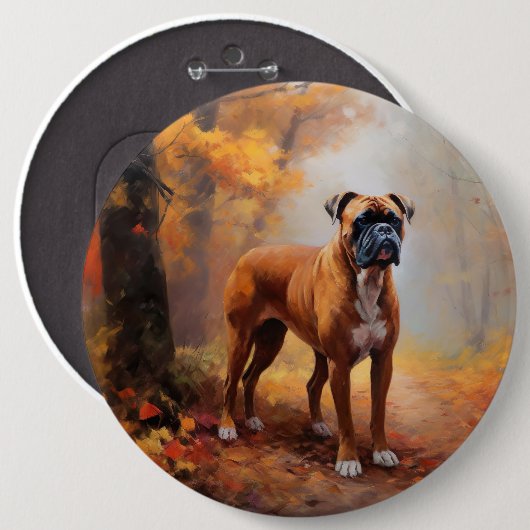 紅葉に埋もれるボクサー犬にインスパイアされたデザイン  缶バッジ (正面&裏面)