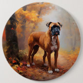 紅葉に埋もれるボクサー犬にインスパイアされたデザイン  缶バッジ (正面)