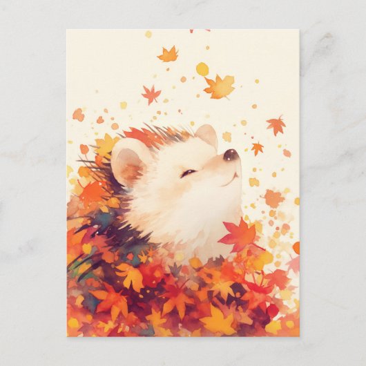 紅葉に微笑むハリネズミ ポストカード (正面)