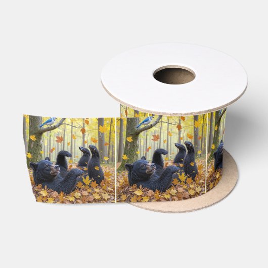 紅葉に転がるクロクマ サテンリボン (リール)