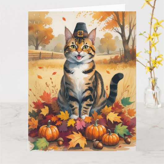 紅葉のベンガル猫 感謝祭アート カード (黄色い花)