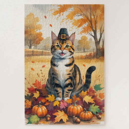 紅葉のベンガル猫 感謝祭アート ジグソーパズル (縦)