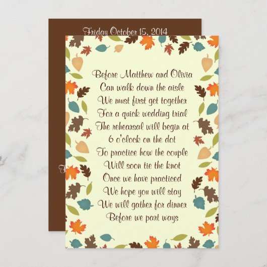 紅葉のリハーサルの夕食の詩の招待状4x6 招待状 (正面/裏面)