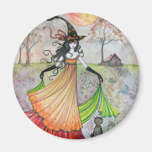 紅葉の夢見る魔女と猫のハロウィンアート マグネット (正面)