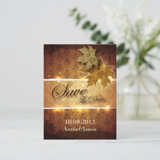 紅葉の季節の結婚式　保存日付のお知らせ 案内ポストカード (スタンド正面)