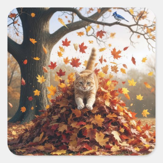 紅葉の山から飛び出すジンジャーの猫 スクエアシール (正面)