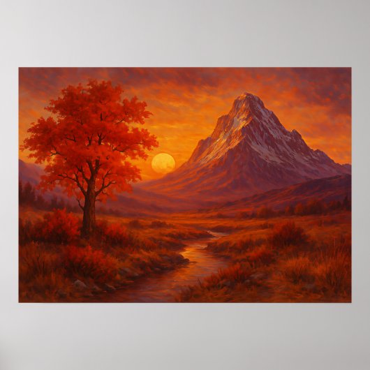 紅葉の山の夕焼け風景画 ポスター (正面)