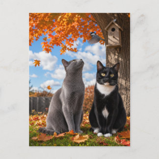 紅葉の木の下でくつろぐ秋の猫たち ポストカード