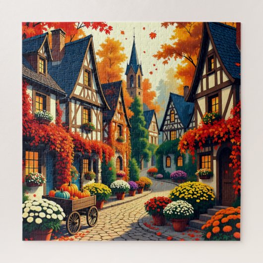 紅葉の村と花のカートのジグソーパズル ジグソーパズル (縦)