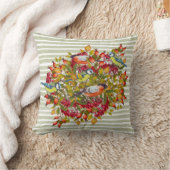 紅葉の果実と鳥の毛むくじゃらのストライプ クッション (ブランケット)