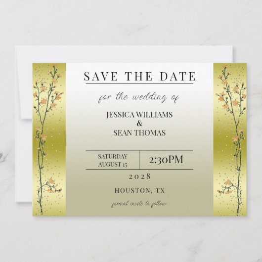 紅葉の枝とゴールドのコンフェッティでおめでとう Save The Date 招待状 (正面)