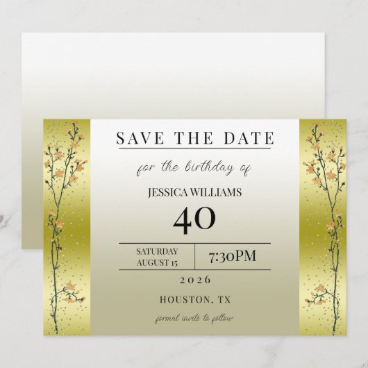 紅葉の枝とゴールドのコンフェッティでおめでとう Save The Date 招待状 (正面/裏面)
