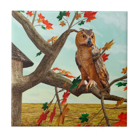 紅葉の梢に佇むフクロウの秋の野生動物アート タイル (正面)