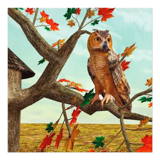紅葉の梢に佇むフクロウの秋の野生動物アート フォトプリント (正面)