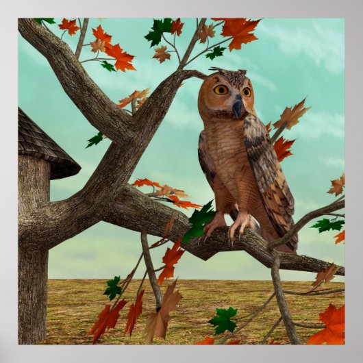 紅葉の梢に佇むフクロウの秋の野生動物アート ポスター (正面)