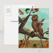 紅葉の梢に佇むフクロウの秋の野生動物アート ポストカード (正面/裏面)