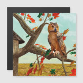 紅葉の梢に止まるフクロウの秋の野生動物アート (正面/裏面)